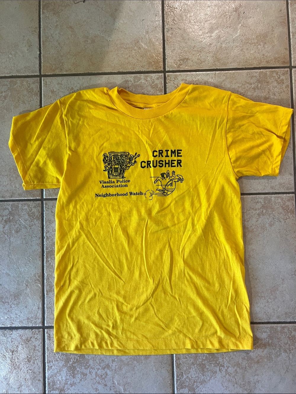 Vintage SINGLE STITCH Visalia CA Crime‎ Crusher D.A.R.E. Yellow T‑Shirt, Sz XS
